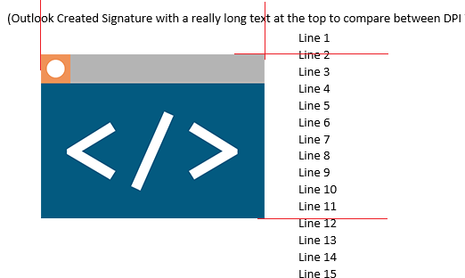 Analysis: Outlook signature (created at 100%) viewed at 100% DPI with alignment highlighted