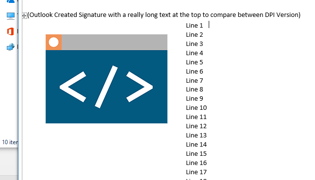 Outlook created signature at 100% DPI