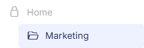 Folder list with Home greyed out and locked, Marketing selected and Finance hidden.