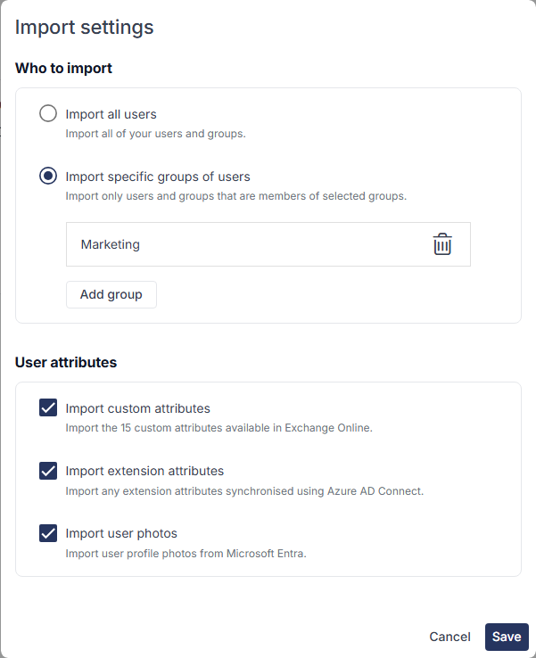 The Import settings dialog with Import specific groups of users selected, one group listed and an Add group button.