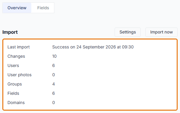 The Import block on the Microsoft 365 overview with the Last import result and the Changes, Users and Groups counts highlighted.