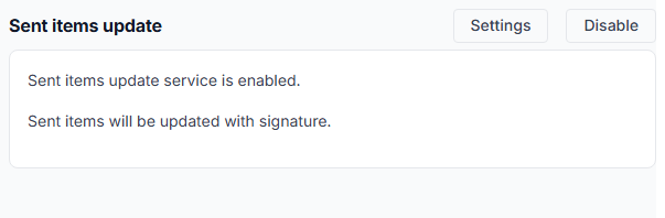 The Sent items update block showing the service as enabled, with Settings and Disable buttons.
