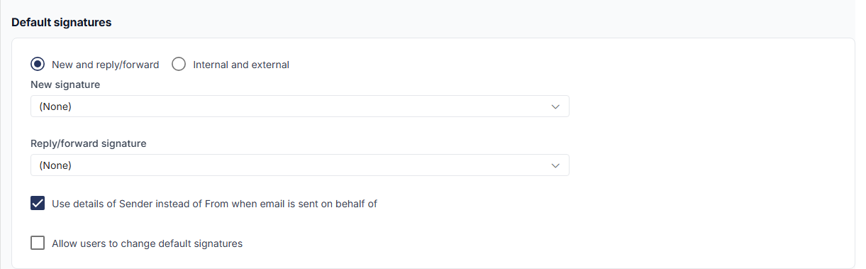 Default signatures section with New and reply/forward selected, the New signature and Reply/forward signature lists, and the Use details of Sender instead of From checkbox ticked.