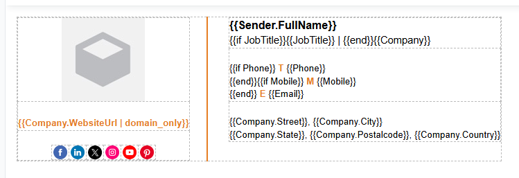 Template editor with the Sender.FullName field at the top of the signature and other fields without a prefix.
