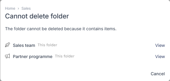 Cannot delete folder dialog listing the Sales team signature and Partner programme campaign, each with a View link, and a Cancel button.