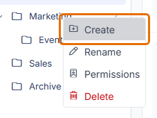 Folder context menu with Create highlighted, followed by Rename, Permissions and Delete.
