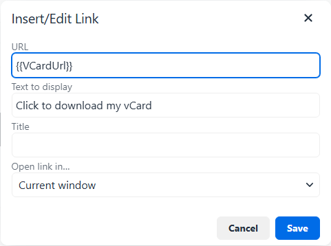 Insert/Edit Link dialog with the VCardUrl field as the URL.