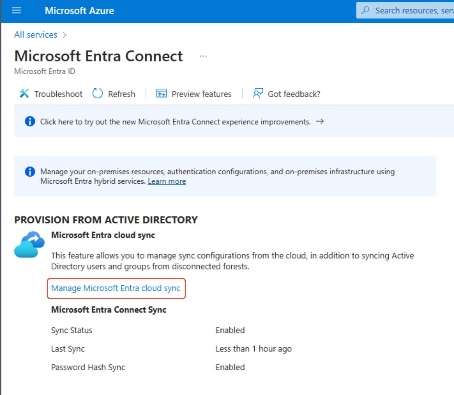 Entra Connect Sync portal showing the Manage Entra Connect cloud sync menu option