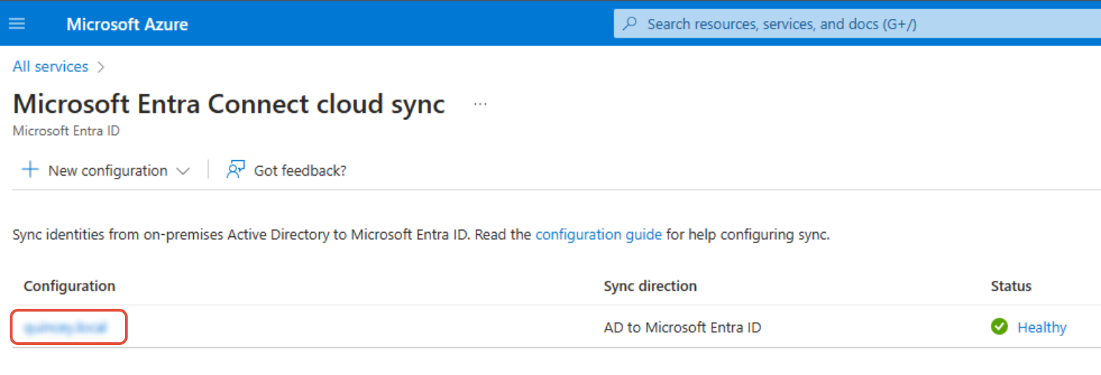 Entra Connect Cloud Sync portal showing the current sync configuration